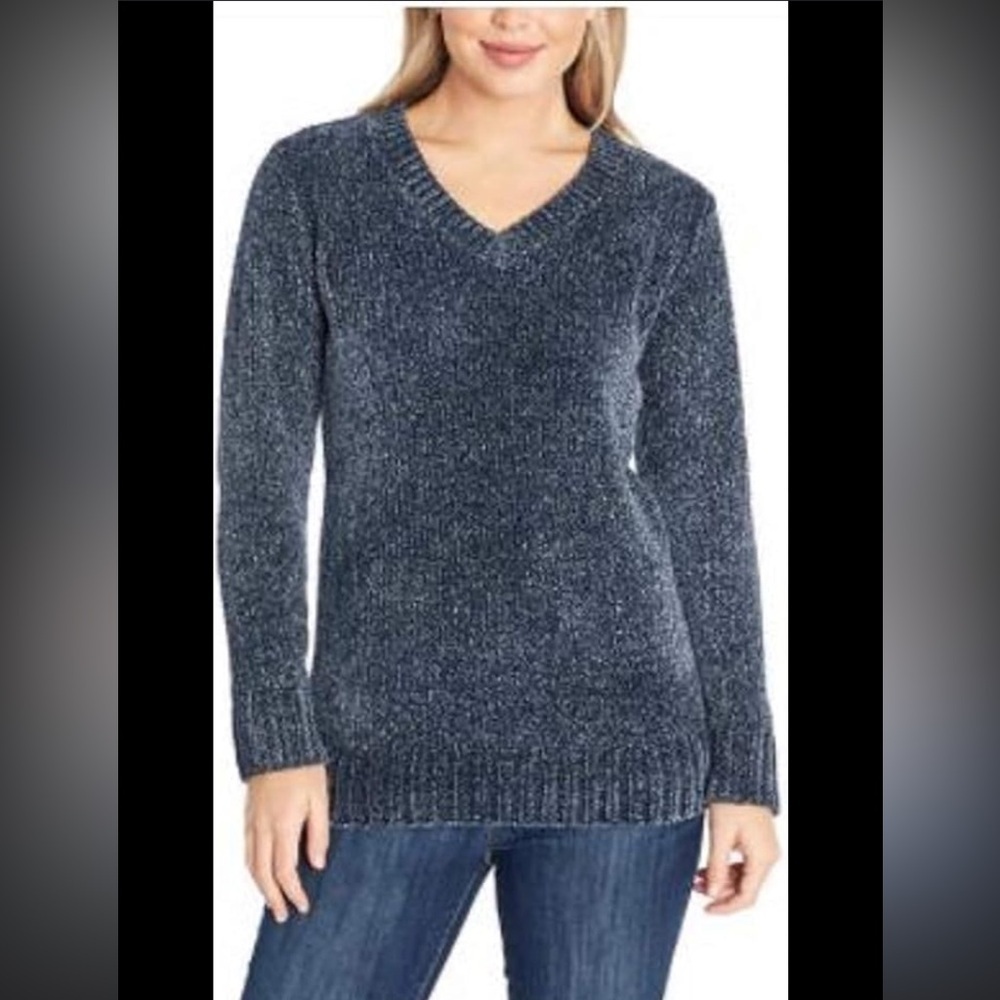 Orvis Blue V-Neck Sweater Chenille Classic Knit